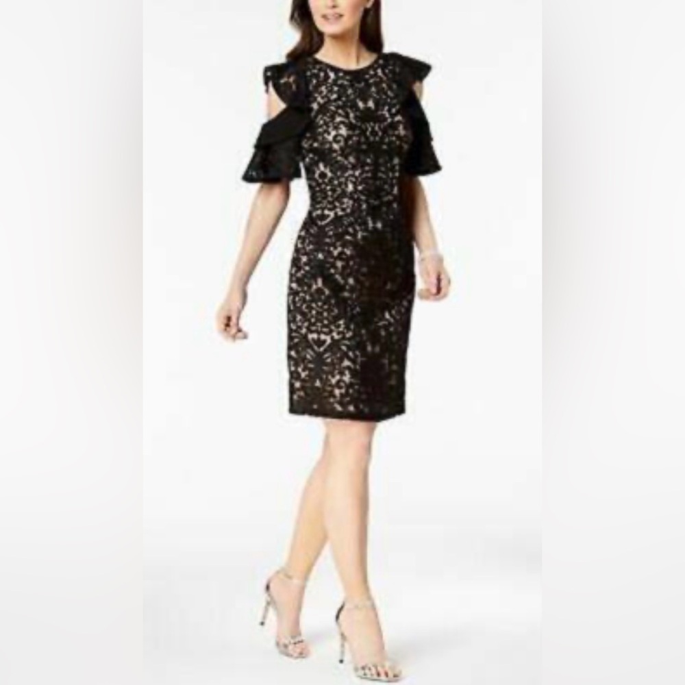 Xscape Black Lace Dress with Nude Underlay